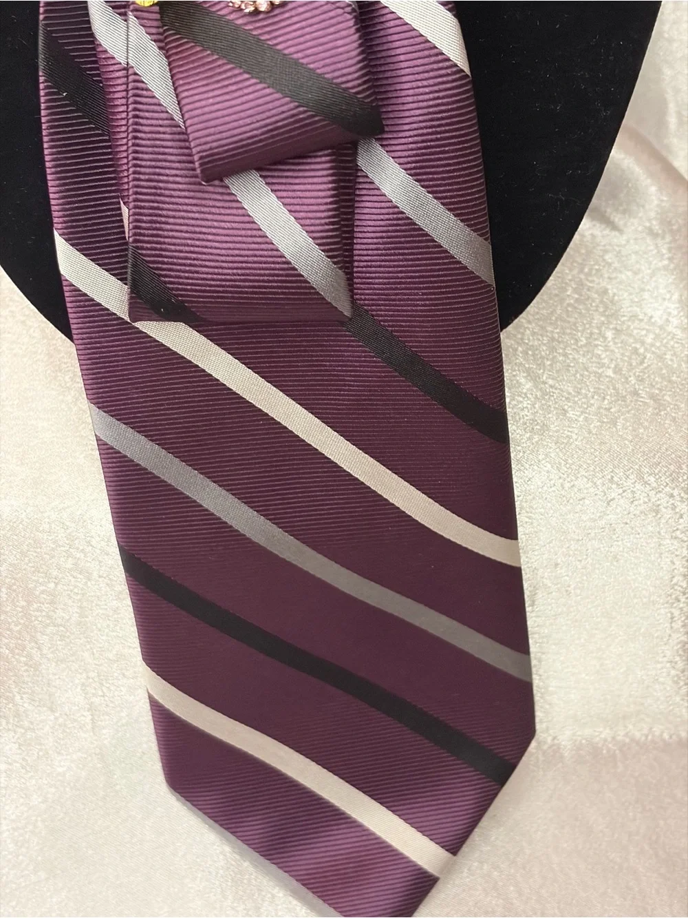 Purple Striped Necktie with Bee Brooch